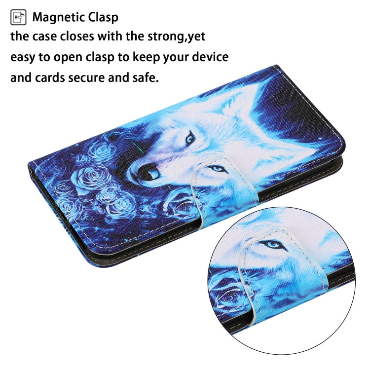 Leather phone case with blue wolf pattern, wrist strap; shows close-up detail view.