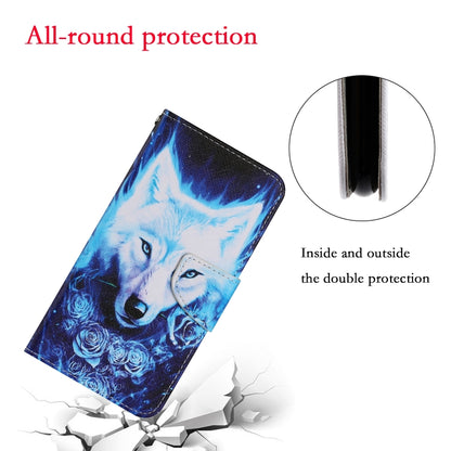 Leather phone case, blue wolf and roses design; angled view with clasp and edge detail.