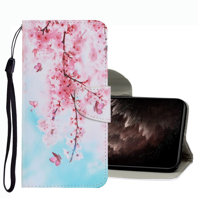 Leather phone case with pink floral tree drawing and wrist strap, front flip cover