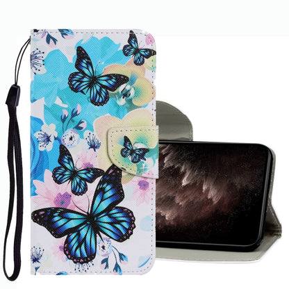 Leather phone case with blue butterflies and floral drawing and wrist strap, front flip cover