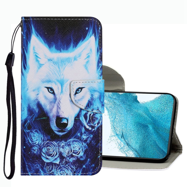 Leather folio phone case with blue wolf graphic, floral details, wrist strap