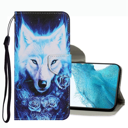 Leather folio phone case with blue wolf graphic, floral details, wrist strap