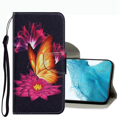Leather folio phone case with colorful flower butterfly pattern, wrist strap