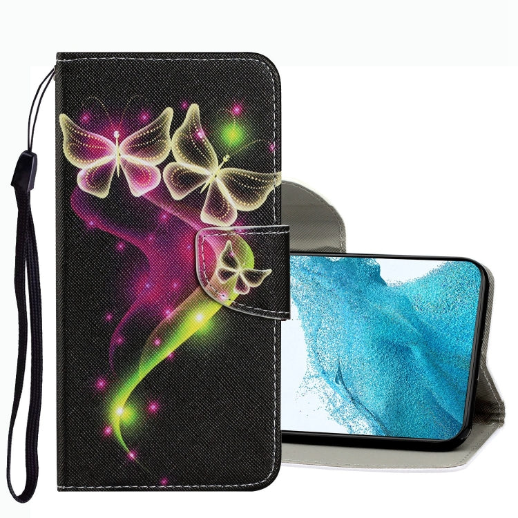 Leather folio phone case with glowing butterfly and neon floral pattern, wrist strap