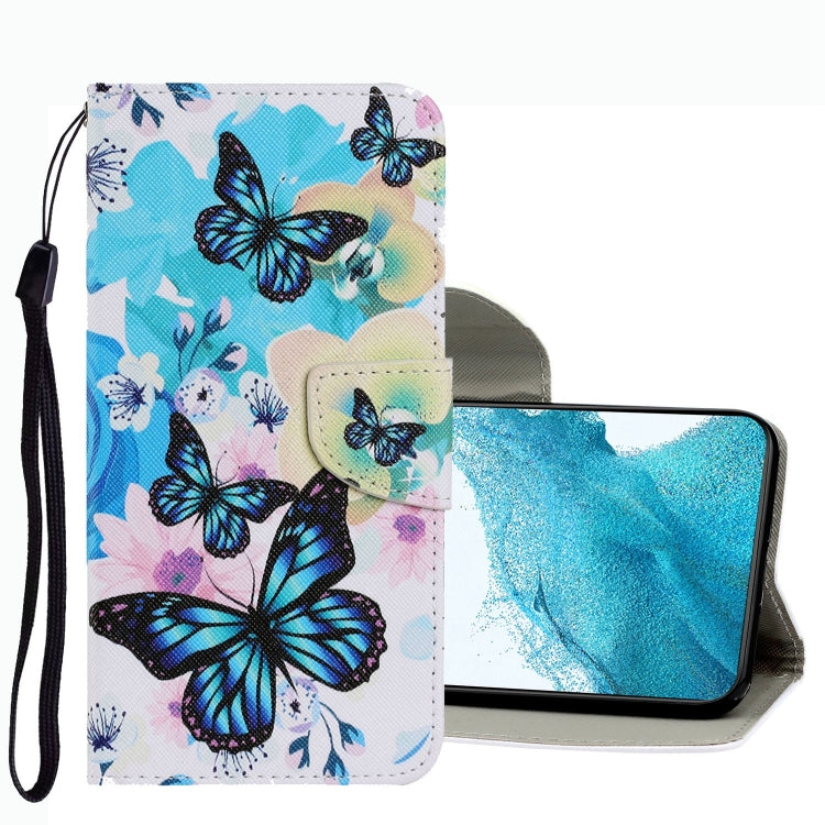 Blue butterfly print leather-style phone wallet case with wrist strap and flip cover