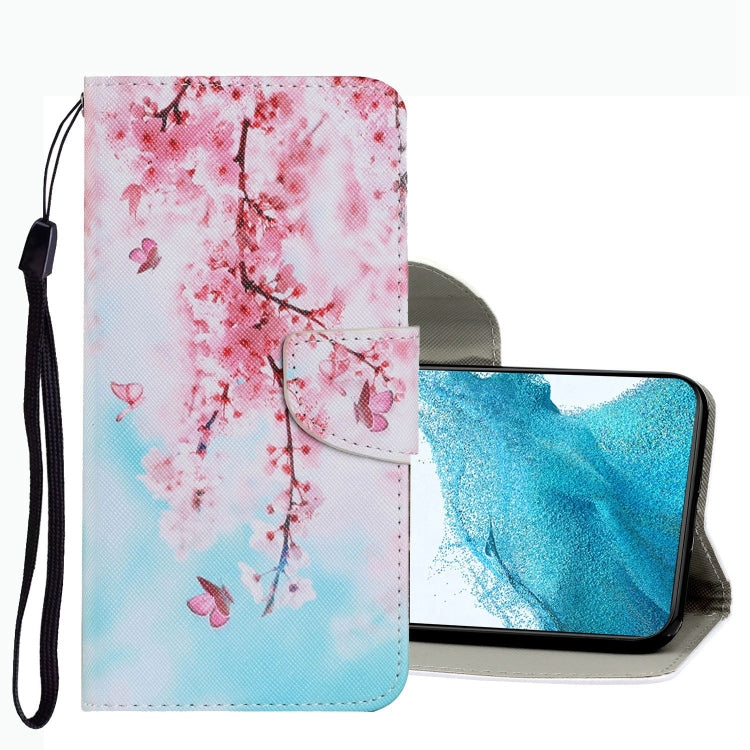 Leather phone case with pink cherry blossom drawing, flip cover and wrist strap