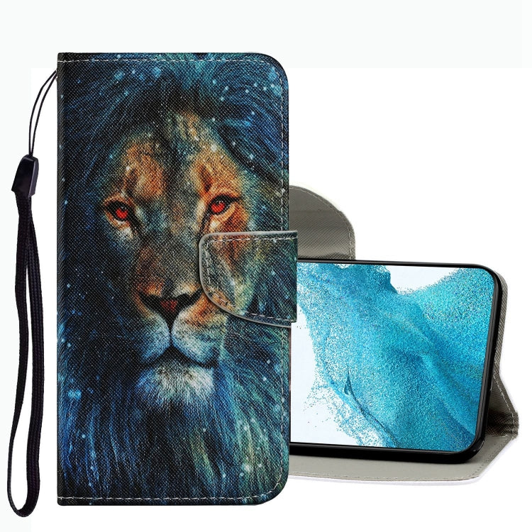 Leather phone case with dark lion face drawing, flip cover and wrist strap