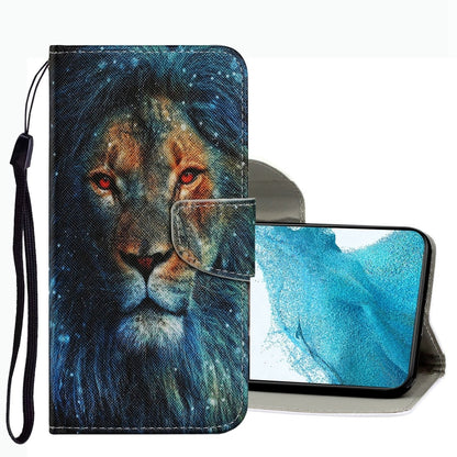 Leather phone case with dark lion face drawing, flip cover and wrist strap