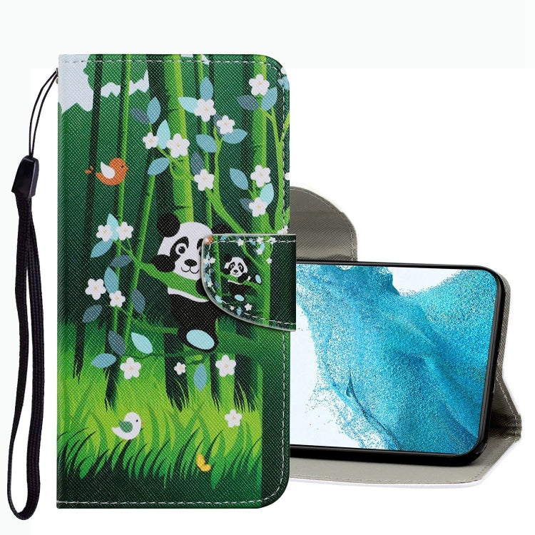 Leather phone case with green panda drawing in flower field, flip cover and wrist strap