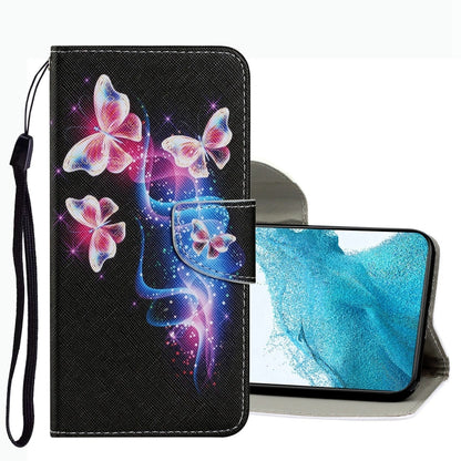 Leather phone case with blue butterfly galaxy drawing, flip cover and wrist strap