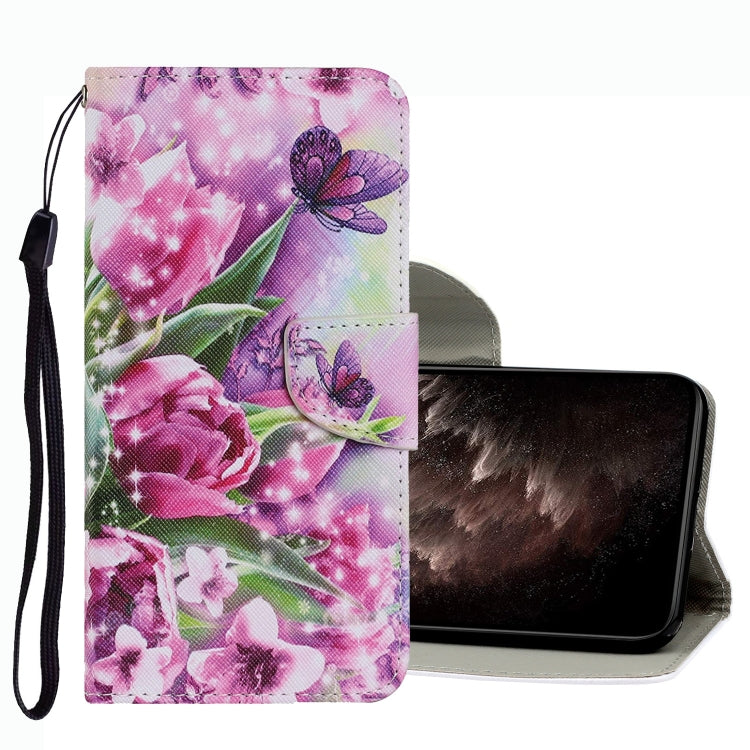 Leather flip phone case with pink flower and butterfly drawing pattern and wrist strap