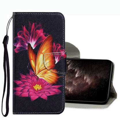 Leather flip phone case with pink flower butterfly drawing pattern and wrist strap