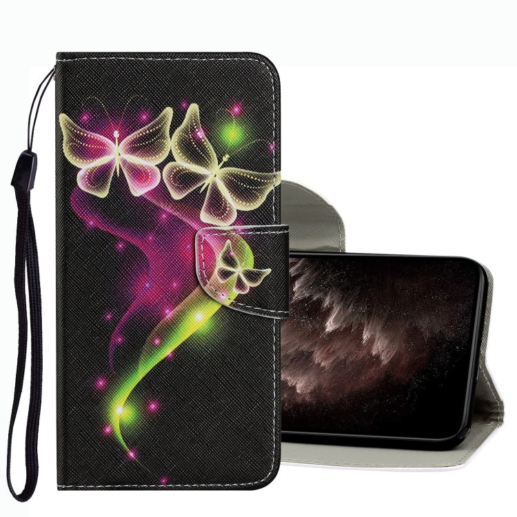 Leather flip phone case with glowing butterfly and star pattern and wrist strap
