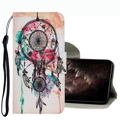 Leather phone case with dreamcatcher pattern and wrist strap, flip cover wallet style