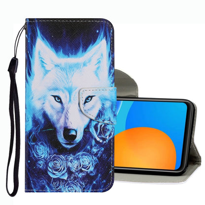 Leather phone case with blue wolf illustration and wrist strap, flip cover