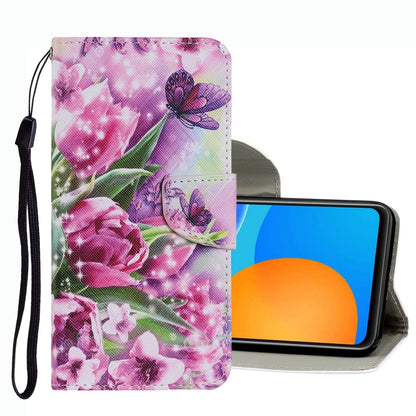 Leather phone case with pink floral and butterfly pattern and wrist strap, flip cover