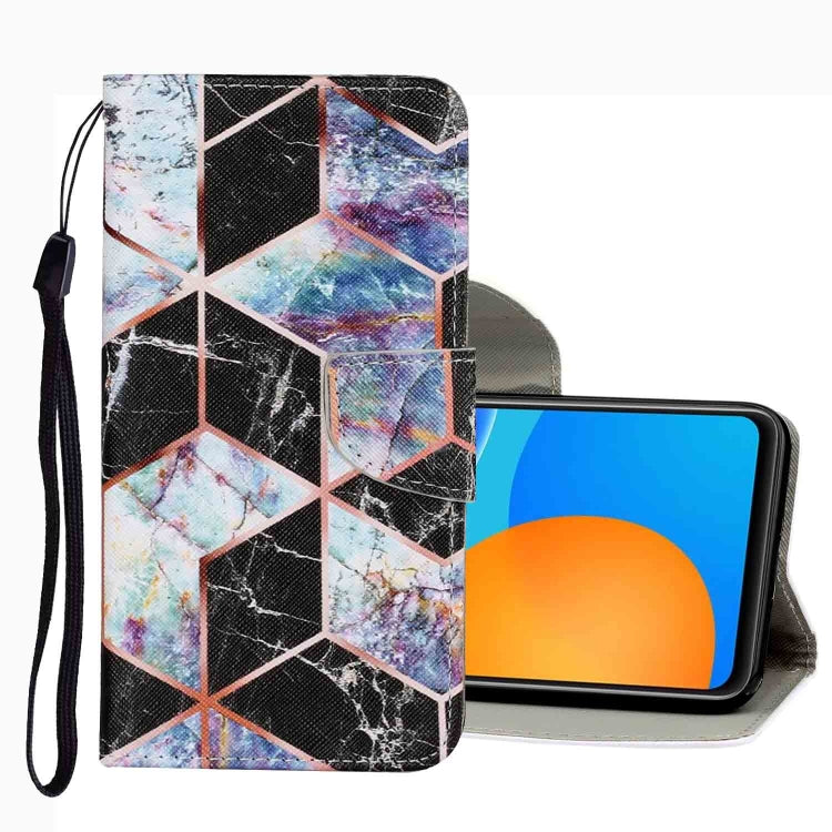 Leather phone case with multicolor geometric cube pattern and wrist strap, flip cover