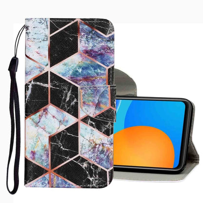 Leather phone case with multicolor geometric cube pattern and wrist strap, flip cover