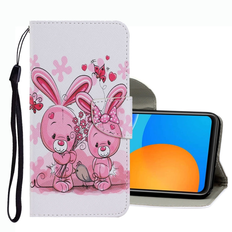 Leather phone case with pink bunny cartoon pattern and wrist strap, flip cover wallet