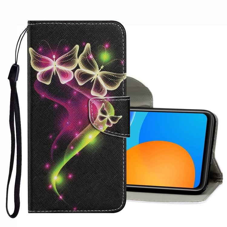 Black leather phone case with neon butterflies and magnetic flap, wrist strap
