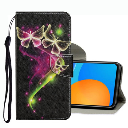Black leather phone case with neon butterflies and magnetic flap, wrist strap