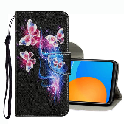 Black leather phone case with glowing butterfly pattern and magnetic flap, wrist strap