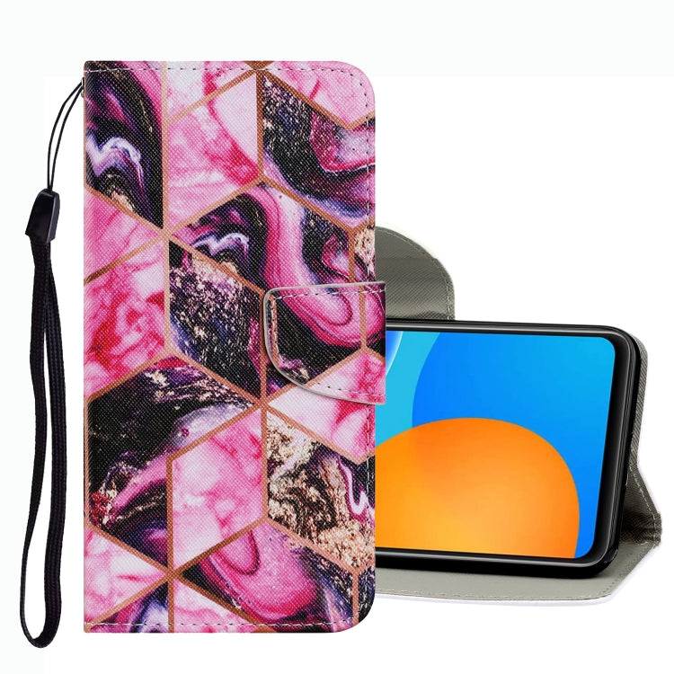 Pink abstract collage leather phone case with magnetic flap and wrist strap