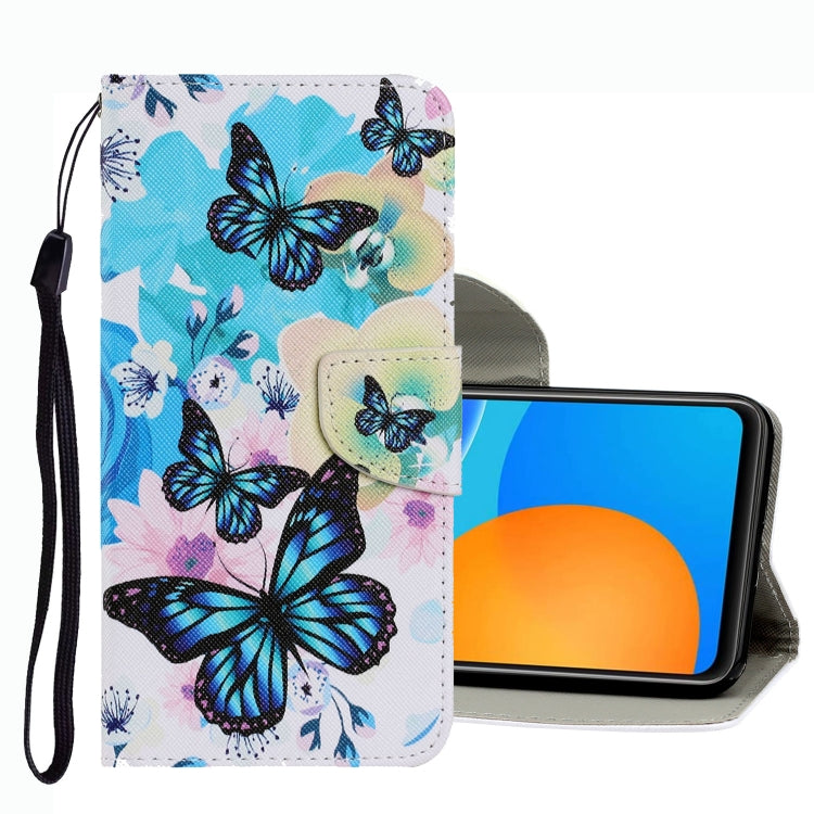 Light blue butterfly floral leather phone case with magnetic flap and wrist strap