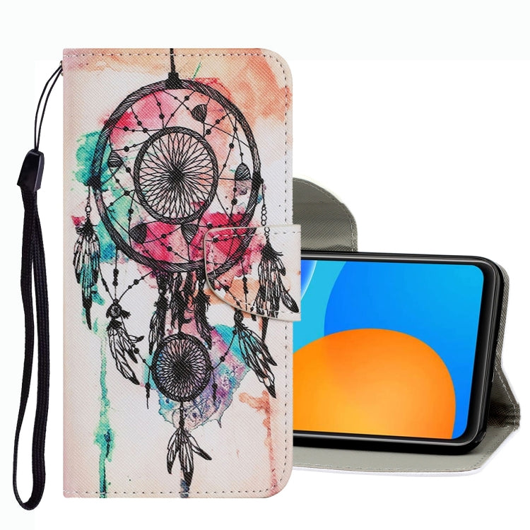 Dreamcatcher patterned leather phone case with wrist strap, fold-over cover.