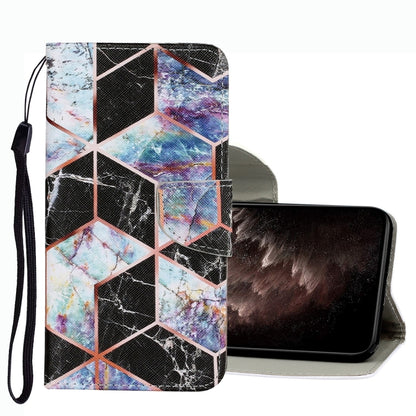 Multicolor geometric marble patterned leather phone case with wrist strap, fold-over cover.