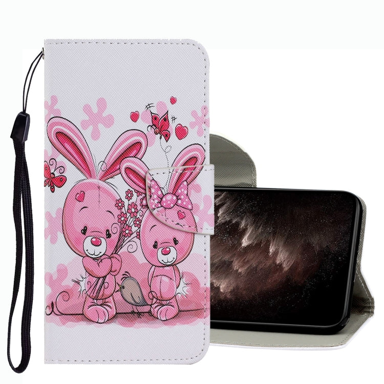 Cute teddy and butterfly patterned leather phone case with wrist strap, fold-over cover.
