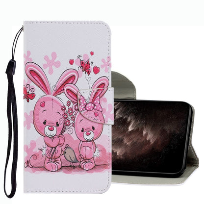 Cute teddy and butterfly patterned leather phone case with wrist strap, fold-over cover.