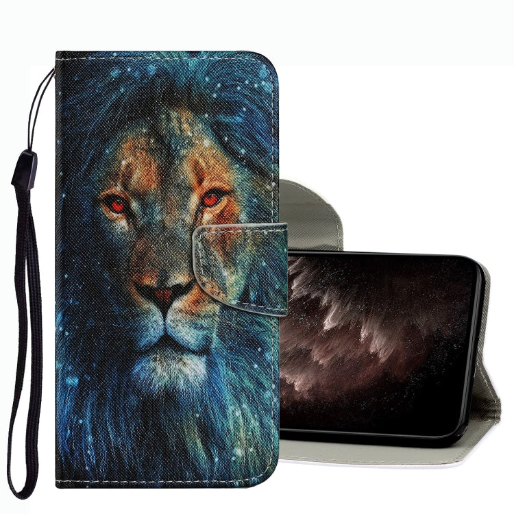 Lion face patterned leather phone case with wrist strap, fold-over cover.