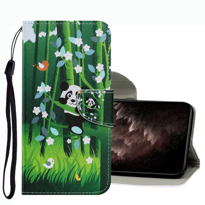Green forest with panda patterned leather phone case with wrist strap, fold-over cover.