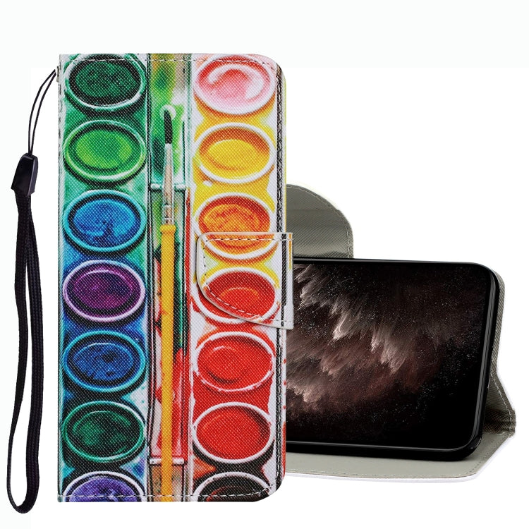 Leather phone case with rainbow circle pattern, flip cover and wrist strap