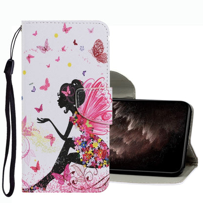 Leather phone case with fairy silhouette and butterfly print, flip cover and wrist strap