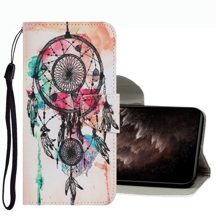 Leather phone case with dreamcatcher print, flip cover and wrist strap
