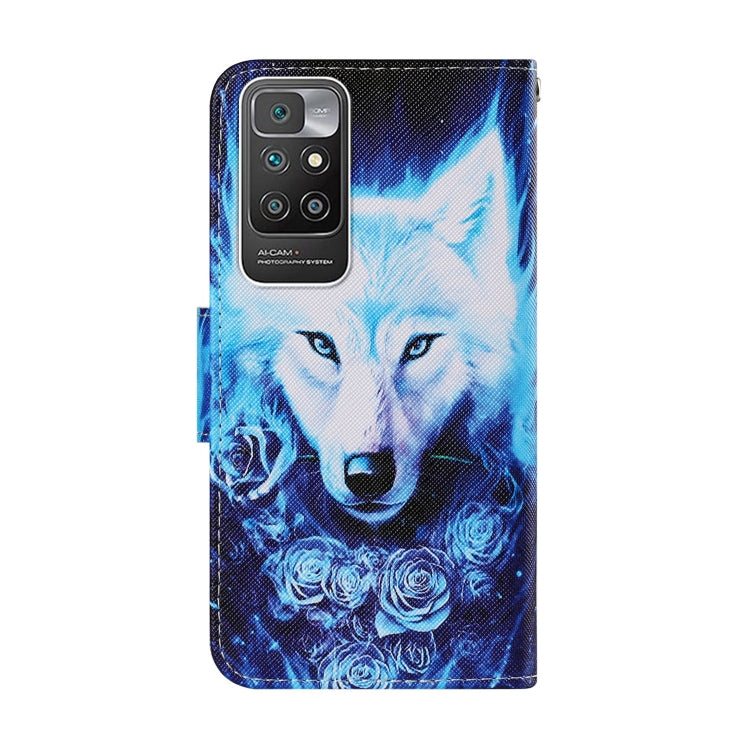 Blue leather phone case with wolf and rose pattern, camera cutout