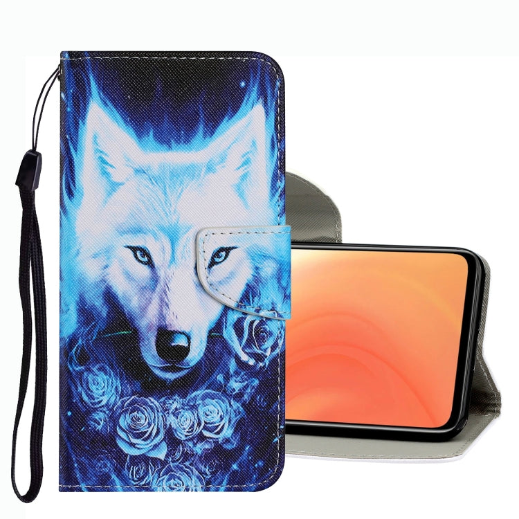 Blue wolf and rose patterned leather phone wallet case with wrist strap