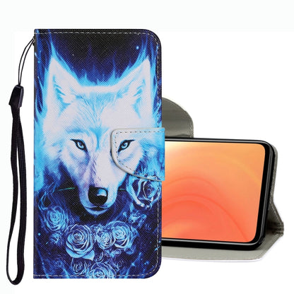 Blue wolf and rose patterned leather phone wallet case with wrist strap