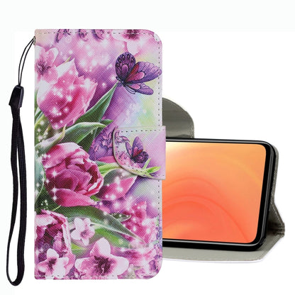 Pink floral and butterfly leather phone wallet case with wrist strap
