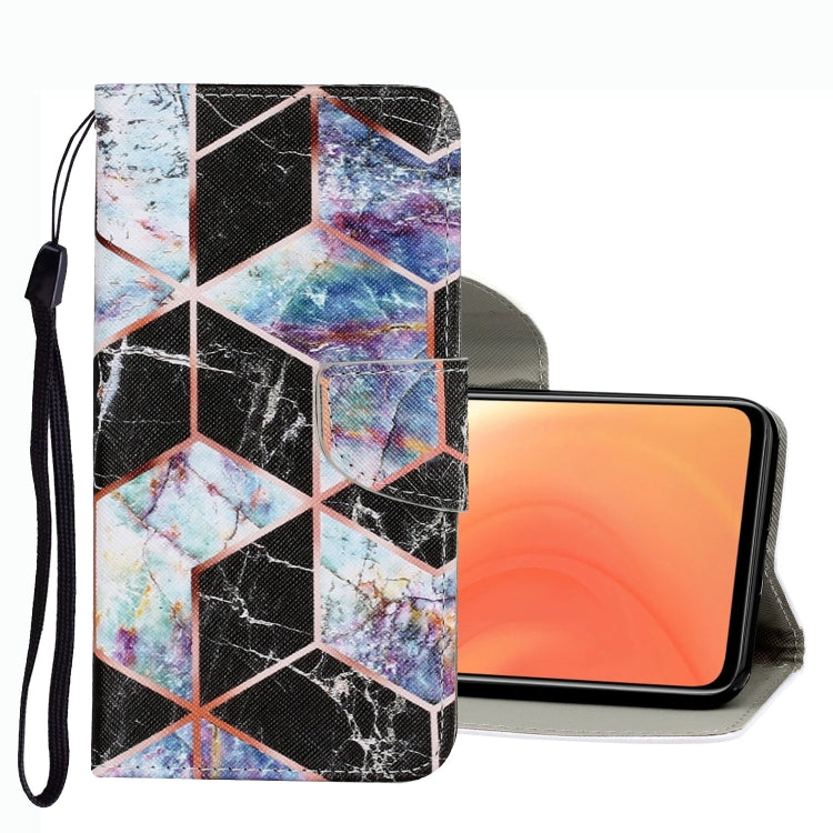 Multicolor geometric marble pattern leather phone wallet case with wrist strap