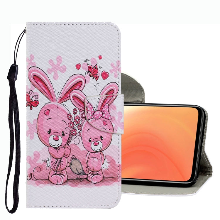 White leather phone wallet case with pink bunny illustration and wrist strap
