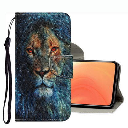 Lion face leather phone case with blue night pattern, card slot and wrist strap.
