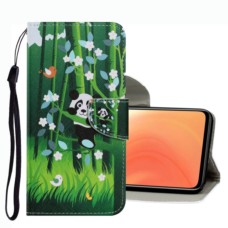 Green garden leather phone case with panda and white flowers, card slot and wrist strap.