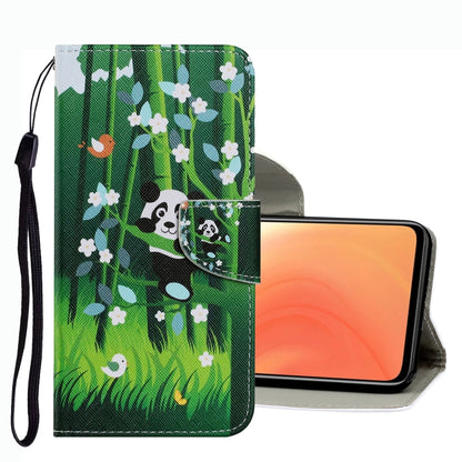 Green garden leather phone case with panda and white flowers, card slot and wrist strap.