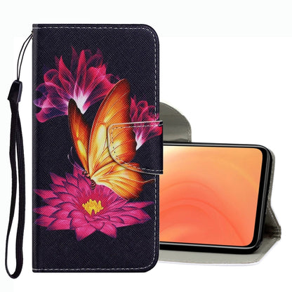 Dark floral leather phone case with colorful butterfly and flower design, card slot, strap.