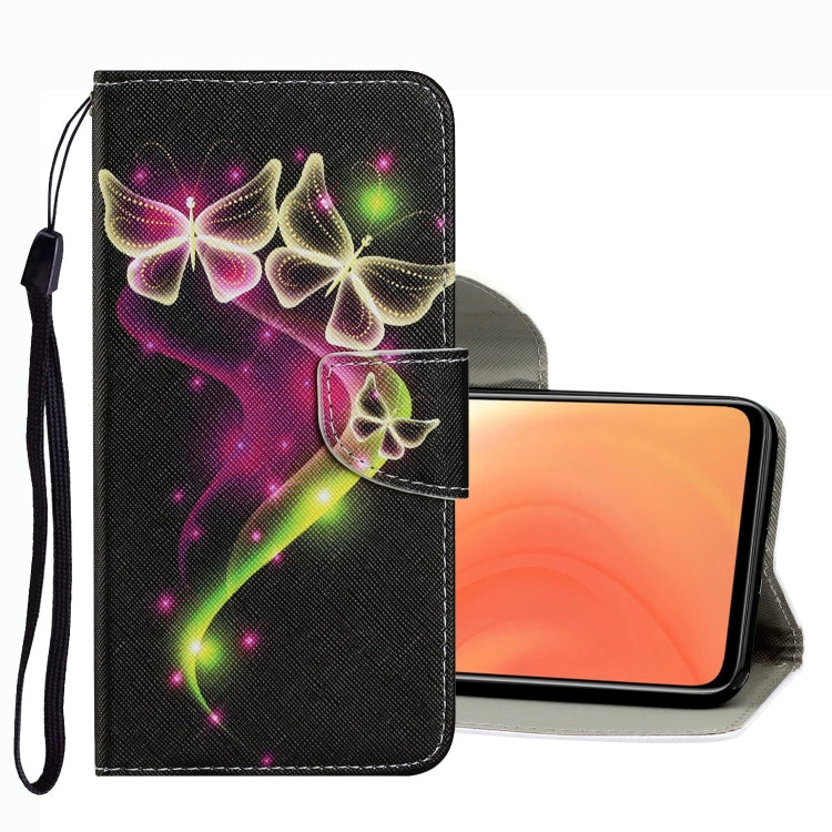 Dark butterfly leather phone case with glowing star accents, card slot and wrist strap.