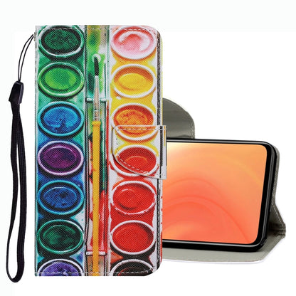 Color wheel drawing leather phone case with rainbow circles, card slot and wrist strap.