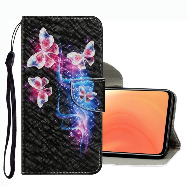 Black leather phone case with colorful glowing butterflies, card slot and wrist strap.